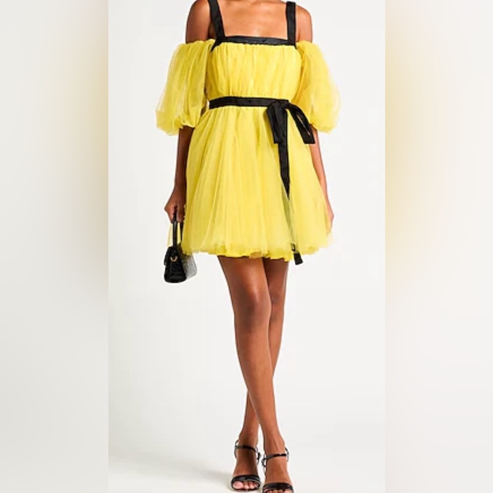 Plinko Yellow Tulle Off-Shoulder Mini Dress with Black Accents - 4